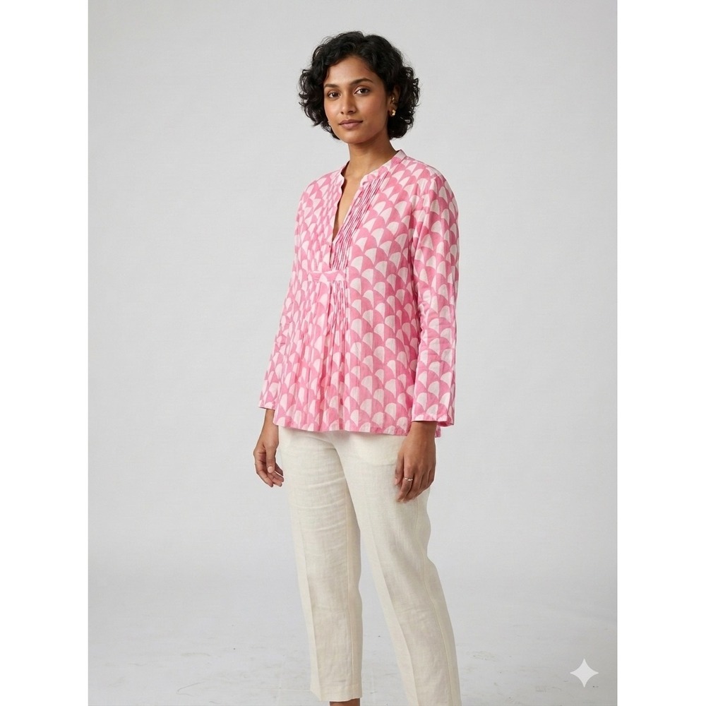 Oliphant Pink White Geometric Shell Print Cotton Pintuck Tunic Top Womens L
